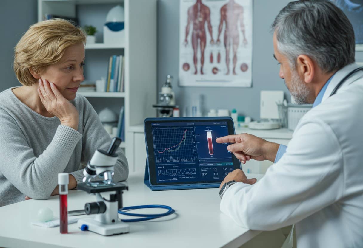 A doctor showing blood test results on a tablet to a concerned patient in a medical office.