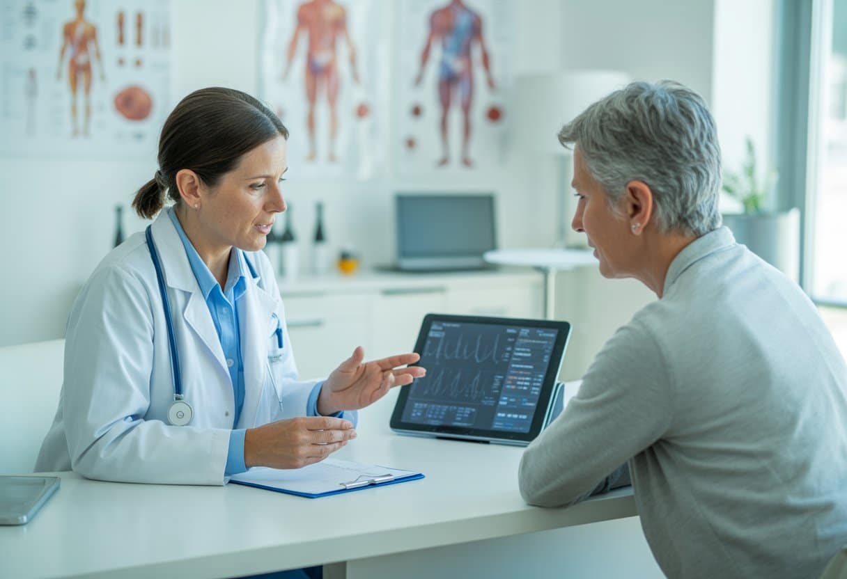 A doctor and patient discussing medical treatment options in a clinic.