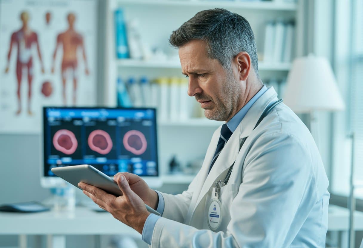 A doctor reviewing blood test results on a tablet in a medical office.