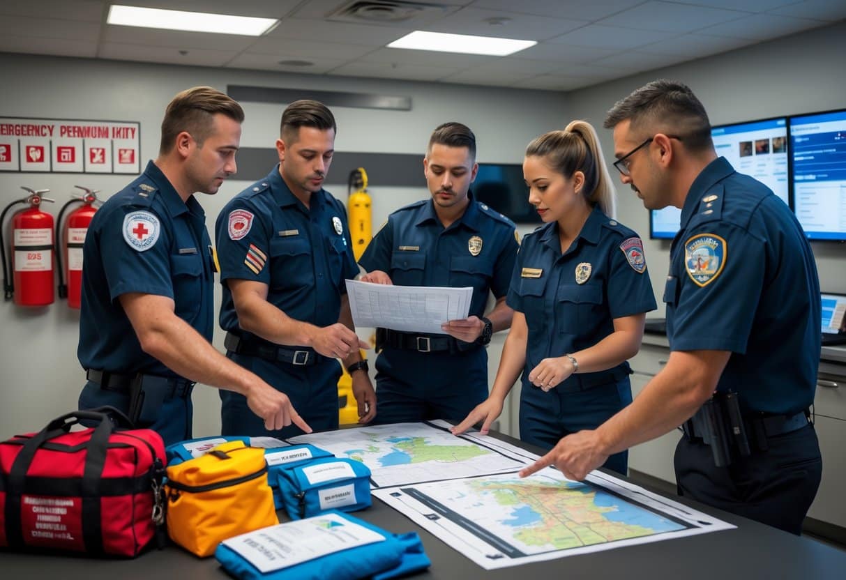 A group of emergency responders and health professionals collaborating around a table with emergency plans and equipment in a modern operations center.