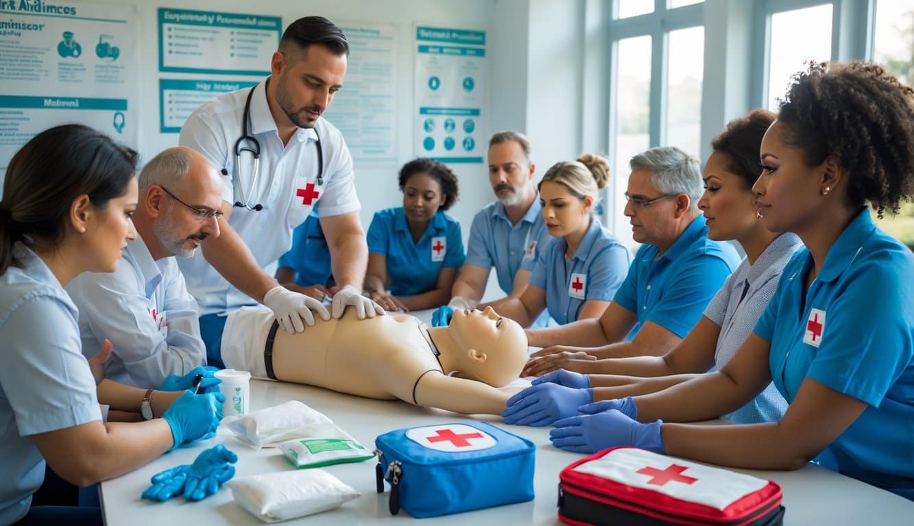 A group of adults learning first aid skills from an instructor demonstrating CPR on a training mannequin in a classroom.