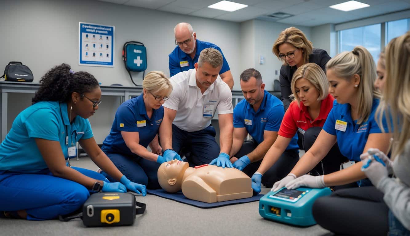 A group of adults in a training room practicing CPR on a manikin and preparing an AED device under the guidance of an instructor.