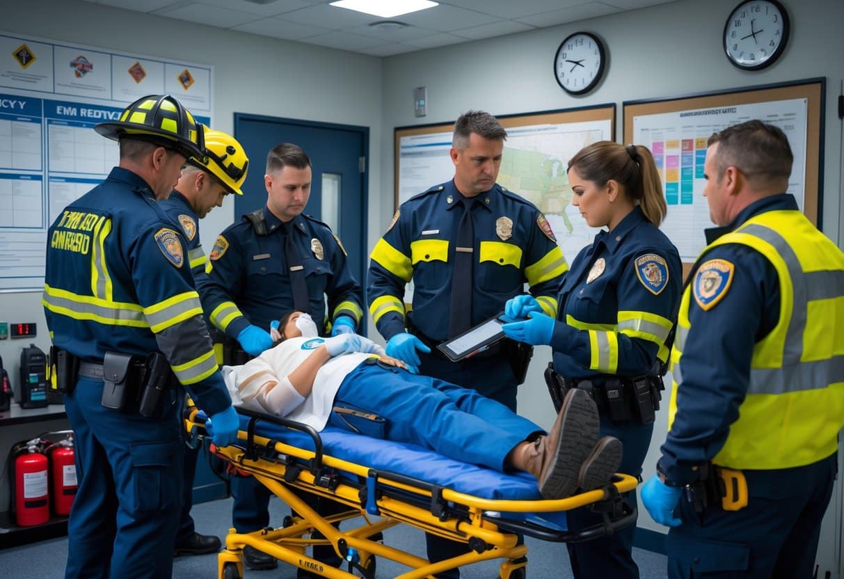 Emergency responders including paramedics, firefighters, and police officers working together in an emergency operations center, attending to a patient and reviewing safety plans.