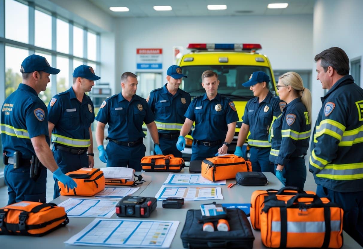 A group of emergency responders and health and safety professionals working together in a command center with emergency equipment and communication devices.