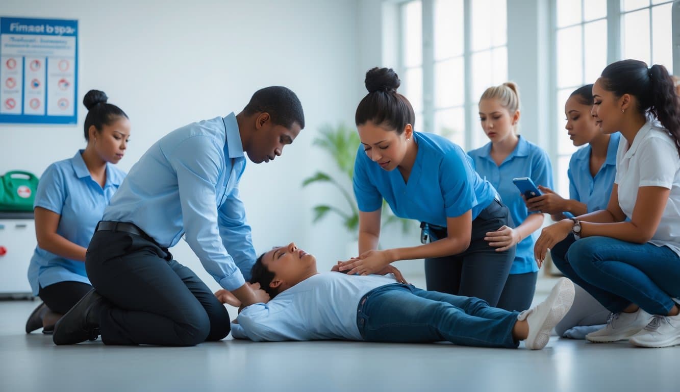 A person performing the Heimlich maneuver on someone choking while others watch and prepare to help.