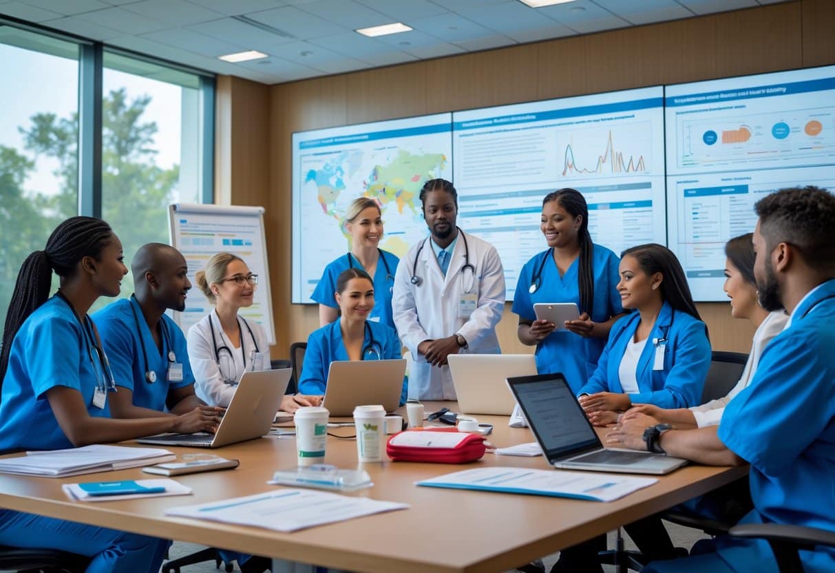 A group of healthcare and public health professionals collaborating around a table with laptops and documents in a conference room.