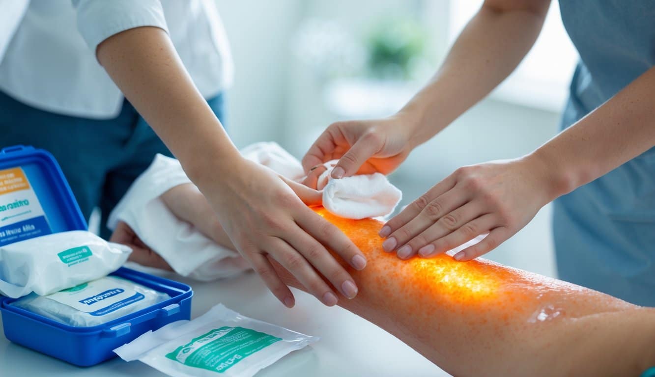 Close-up of hands applying a cool compress to a reddened burn on a forearm with a first aid kit nearby.