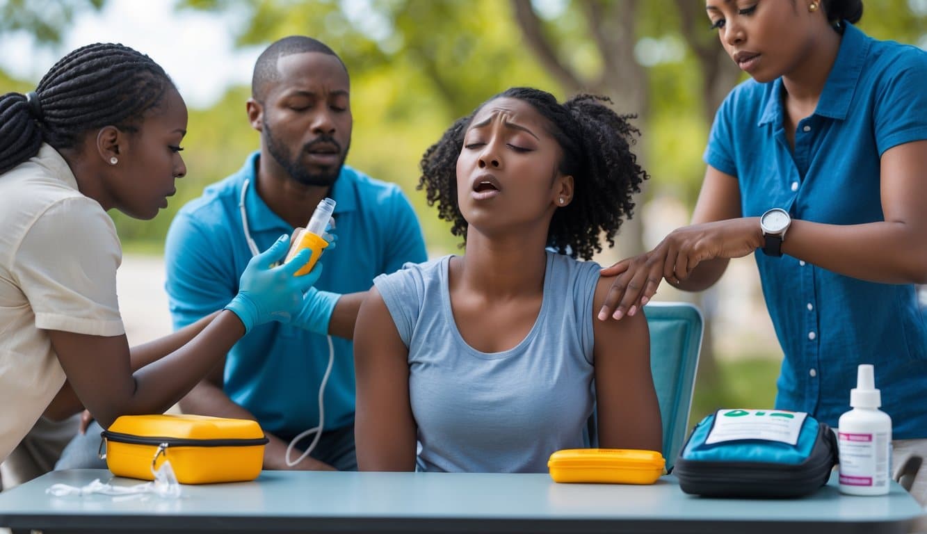A person administering an epinephrine auto-injector to someone having an allergic reaction while another person calls for help.