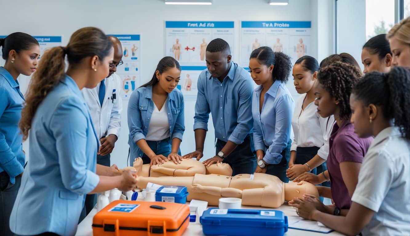 A group of people learning first aid in a training room with an instructor demonstrating CPR on a mannequin.