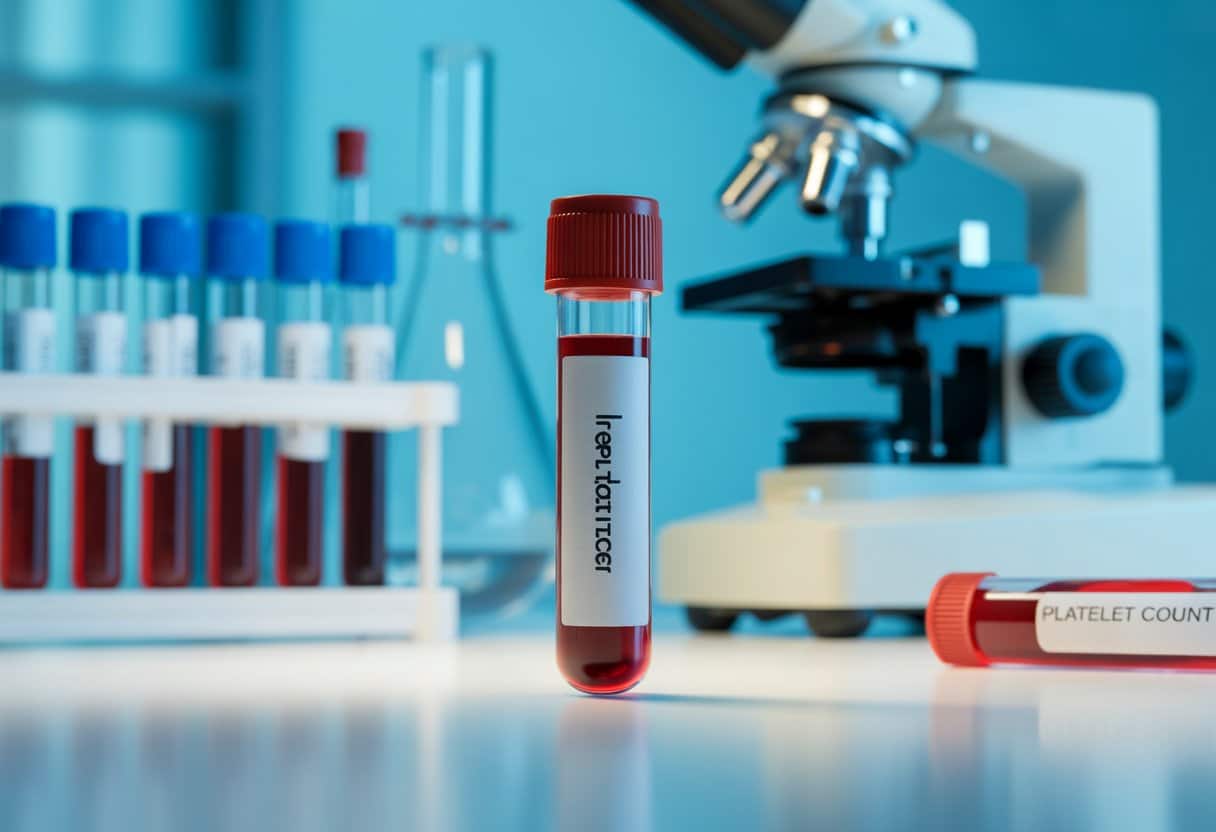 Close-up of a blood sample vial and medical laboratory equipment on a lab bench.