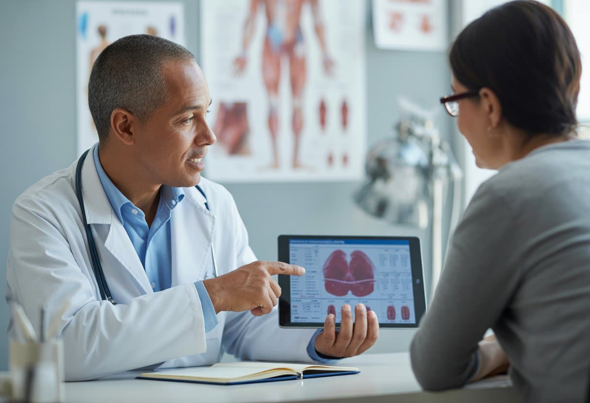 A doctor explains medical information to a patient in a bright medical office.