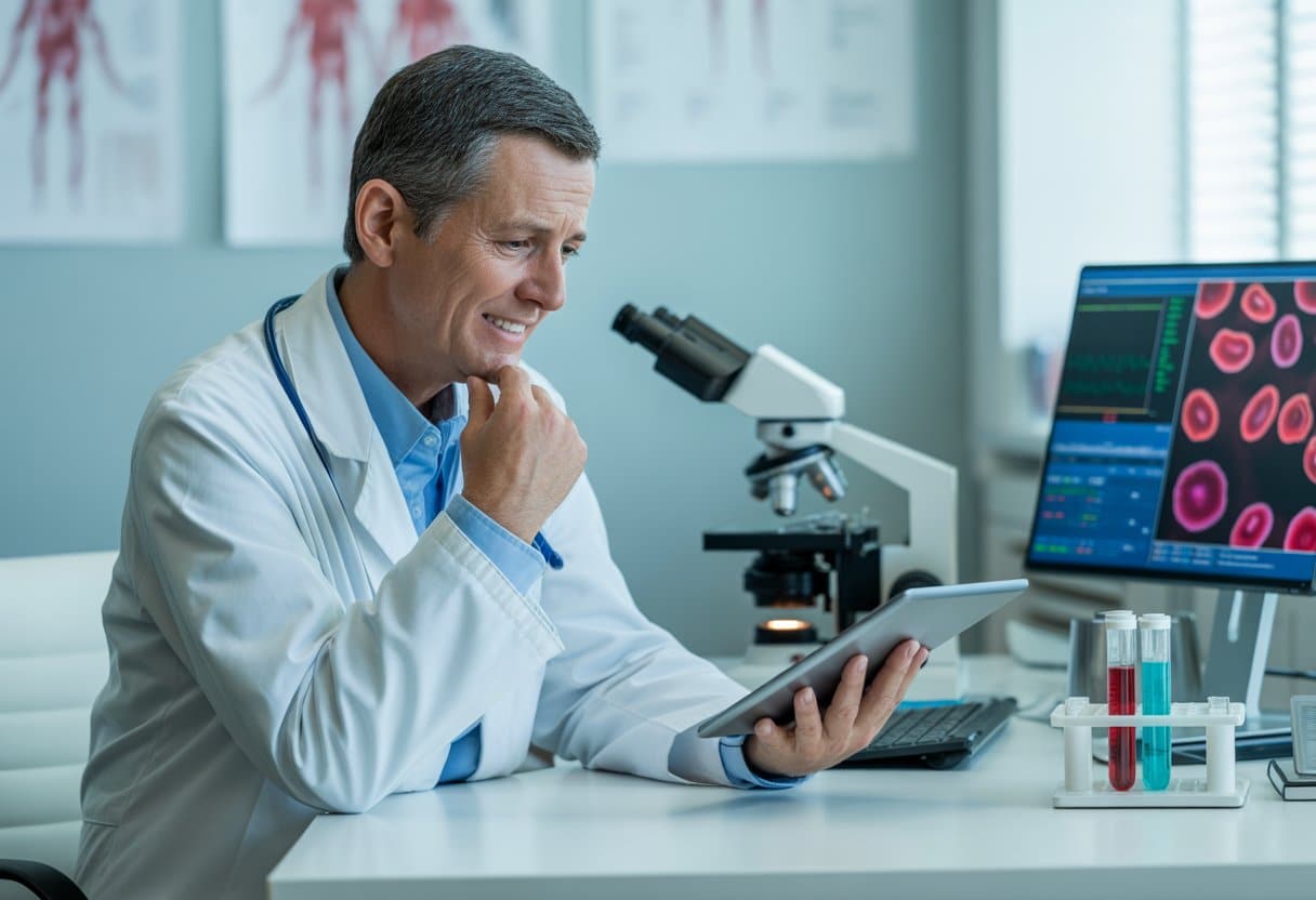 A doctor reviewing blood test results in a medical office, looking concerned but reassuring.