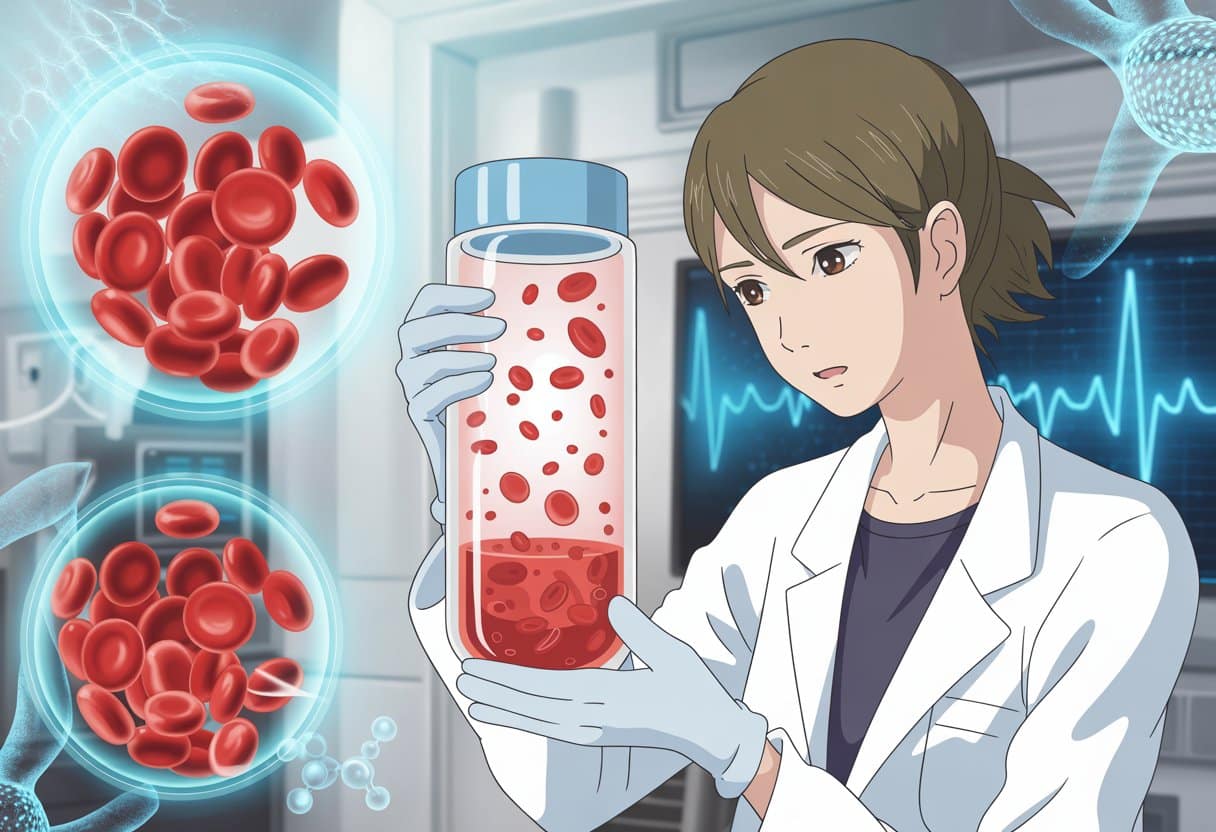 A young female medical researcher in a lab coat examines a glowing vial containing red blood cells with few platelets, surrounded by holographic medical displays about blood cells.