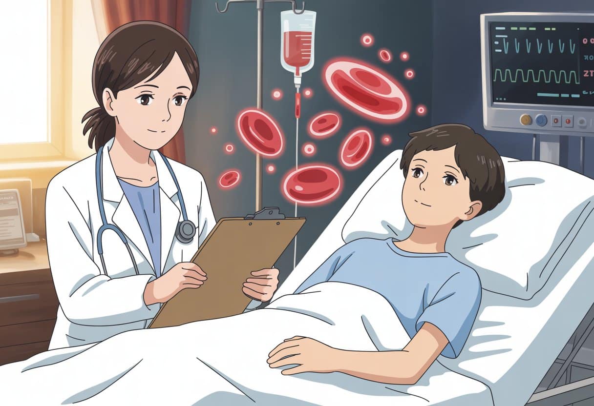 A doctor sitting beside a patient in a hospital room, with glowing blood cells and platelets floating around them, symbolizing platelet count and treatment.