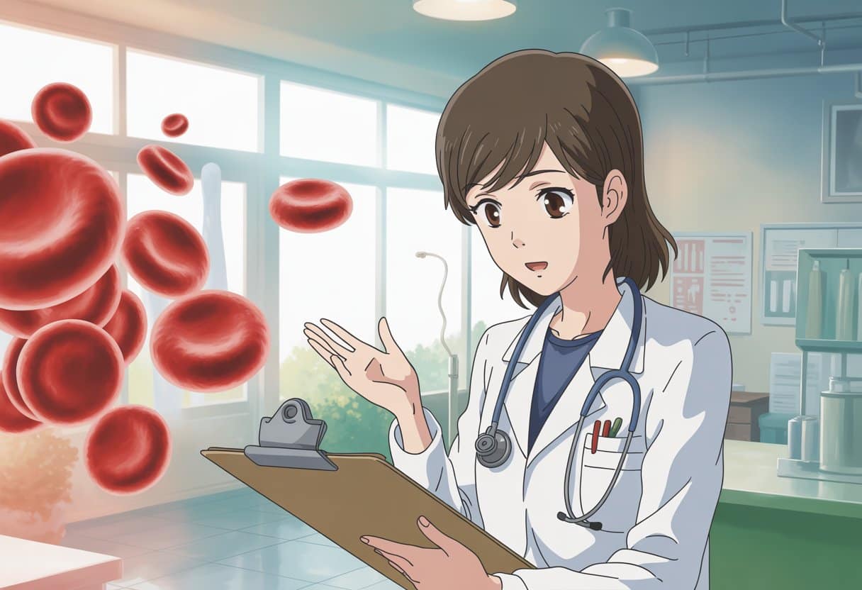 A female doctor calmly explaining medical information in a bright clinic with stylized blood cells in the background.
