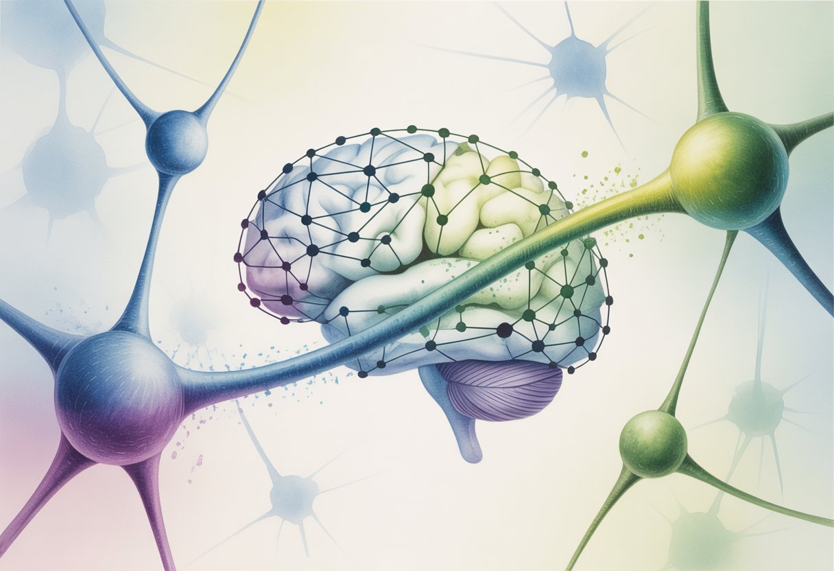 An abstract illustration of a human brain made of interconnected nodes and lines, surrounded by shapes representing neurons and molecules.