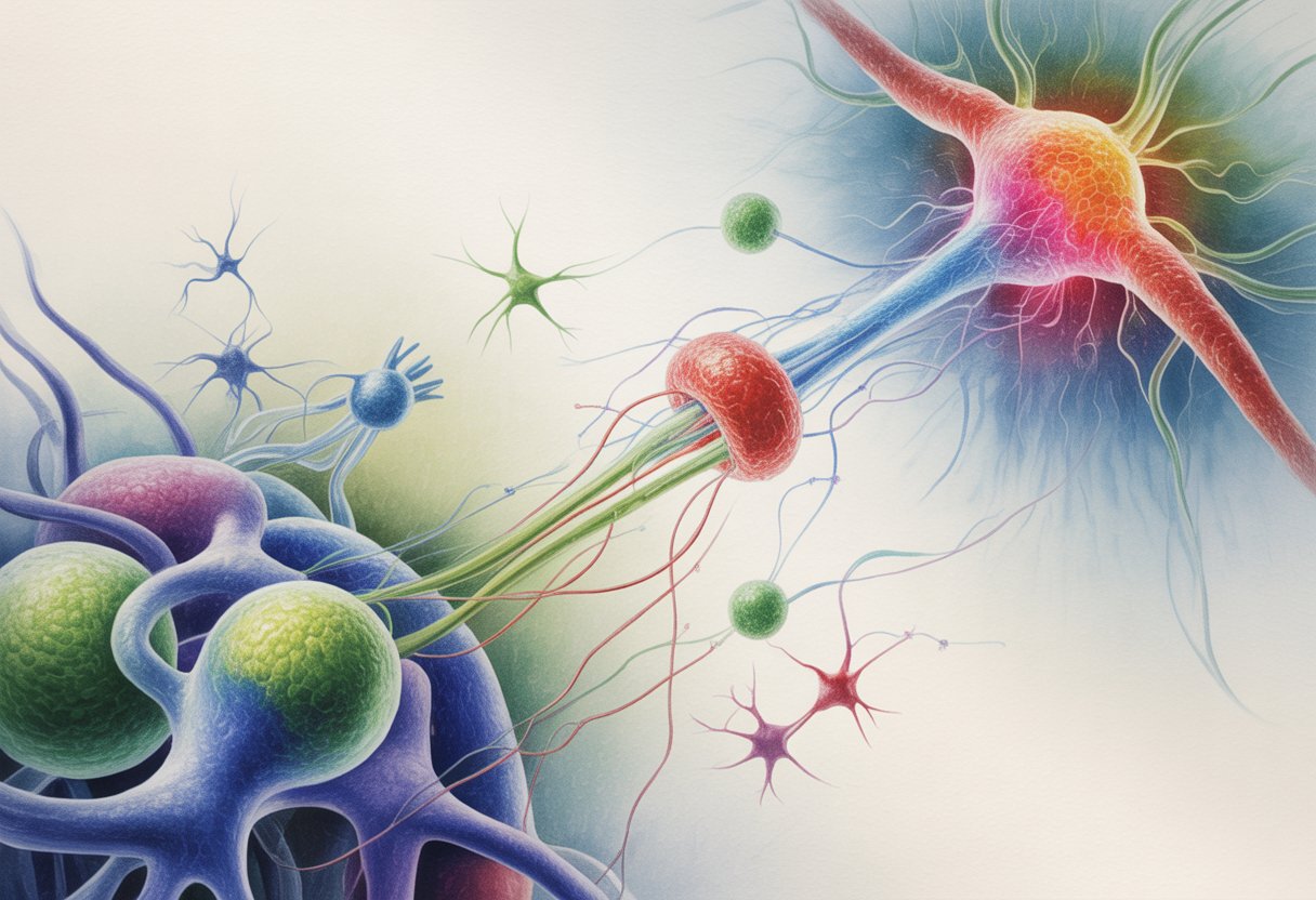An illustration showing interconnected cells and molecular pathways inside the human body, highlighting target sites for therapies.