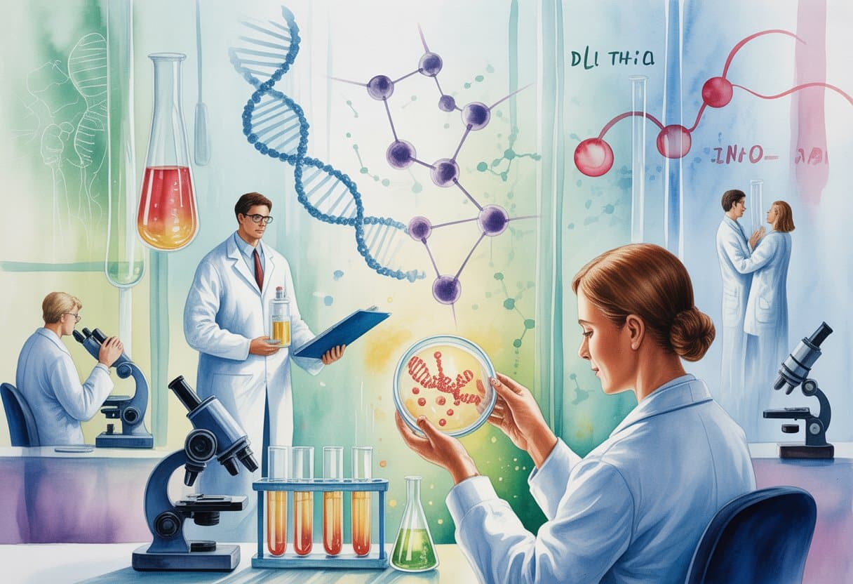 A laboratory scene with scientists examining molecular structures and medical equipment, symbolizing progress in clinical research.