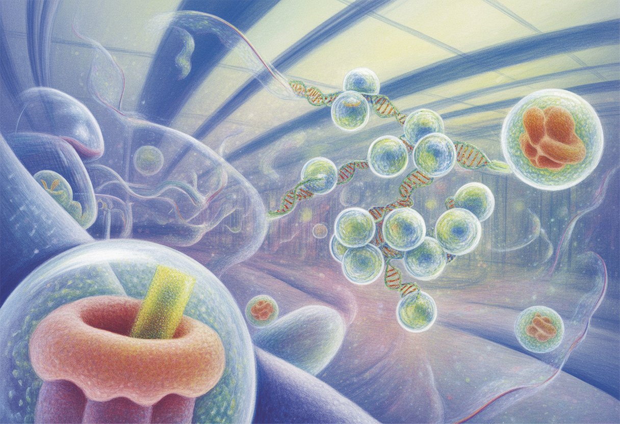 A futuristic laboratory scene showing tiny glowing spherical nanostructures interacting with human cells, surrounded by abstract molecular shapes and flowing lines.