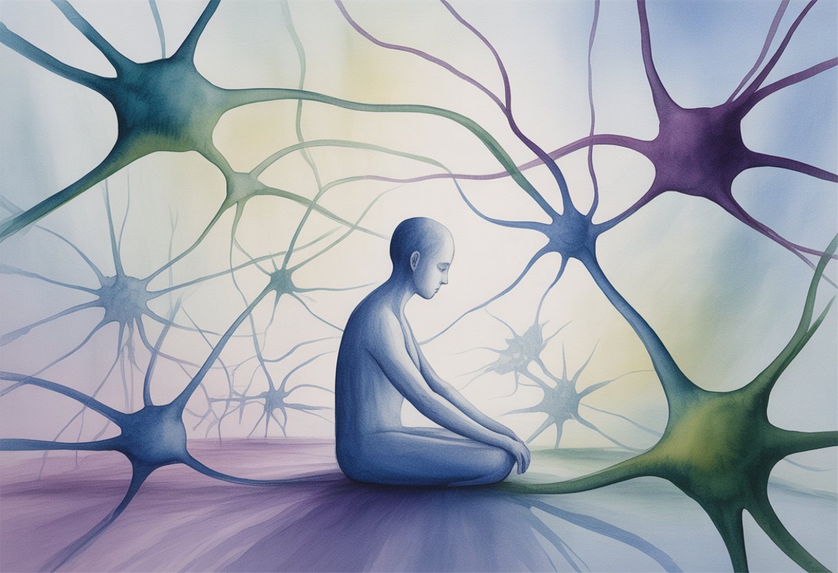 A person sitting peacefully surrounded by abstract neural network patterns and flowing shapes, evoking a sense of calm and connection.