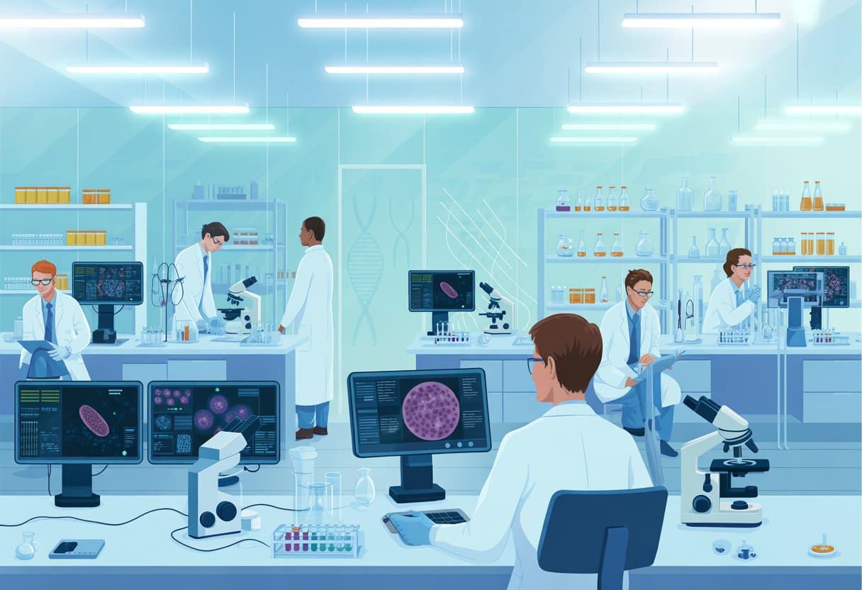 A medical laboratory with scientists working around microscopes and computer screens showing cellular images and DNA sequences.