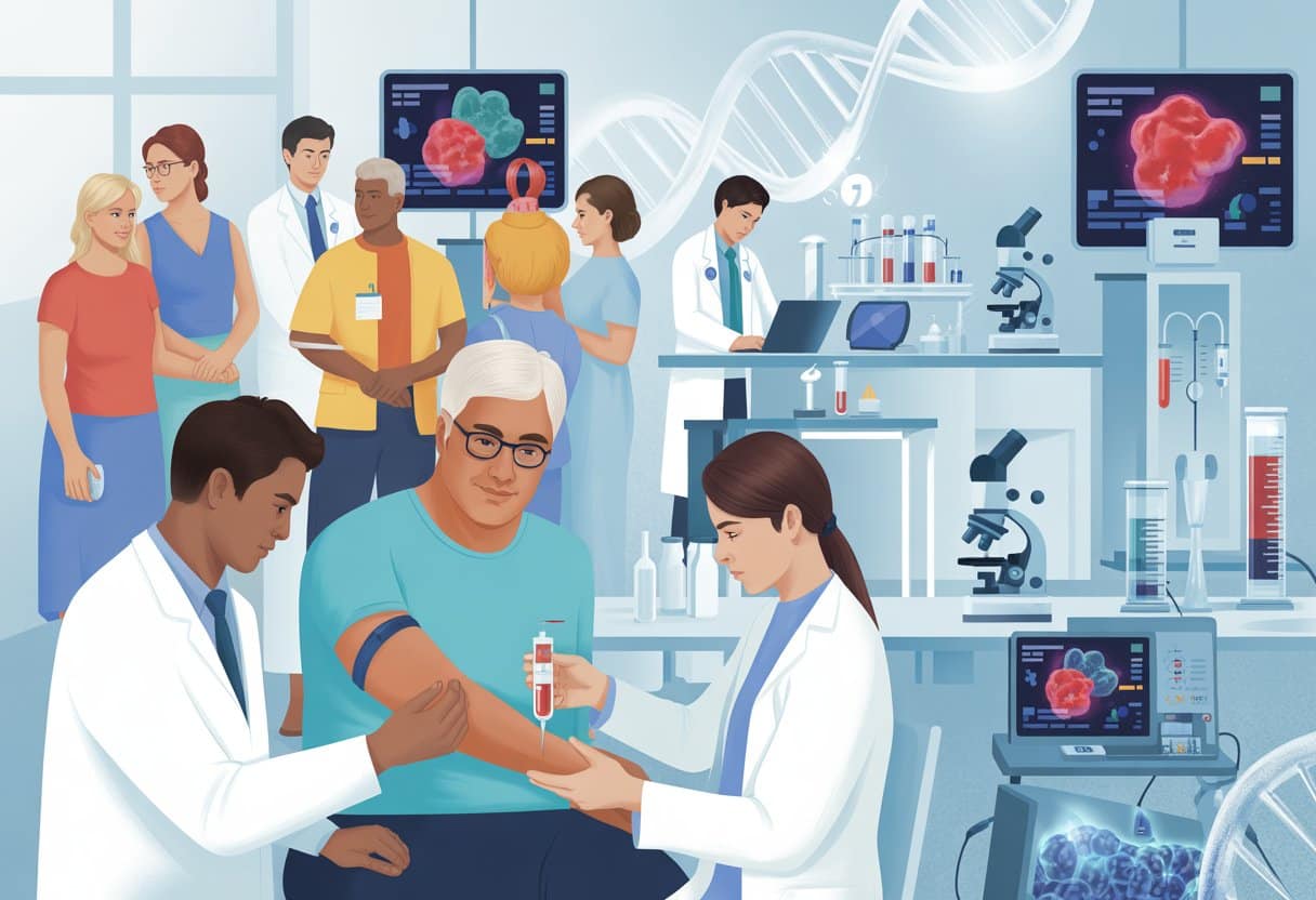 A doctor drawing blood from a patient in a clinic, with laboratory equipment and DNA imagery in the background representing early cancer detection.