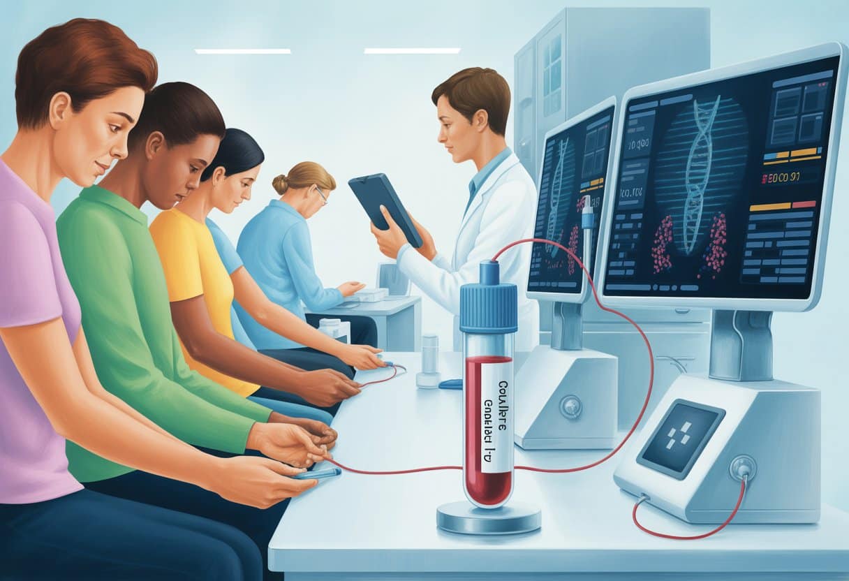 A medical illustration showing patients giving blood samples, laboratory equipment analyzing the samples, and a healthcare professional reviewing results for early cancer detection.