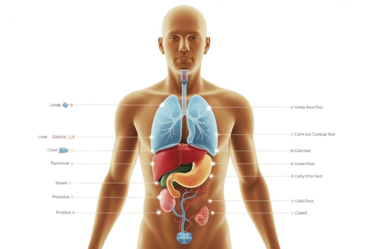 A human figure with internal organs highlighted to show cancers detected by an early cancer detection test.