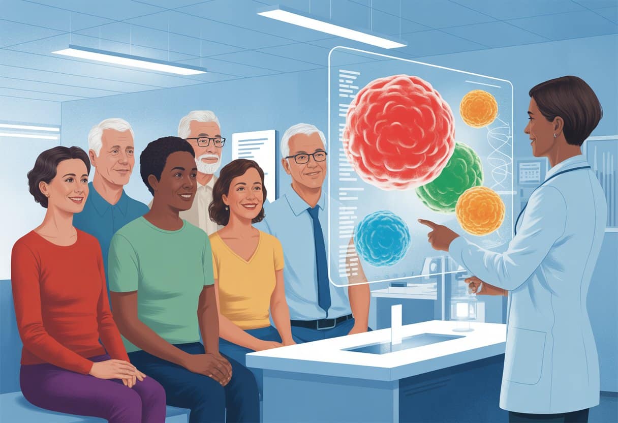 A diverse group of adults listening to a healthcare professional explaining early cancer detection with a digital display of cells and DNA in a modern clinic.