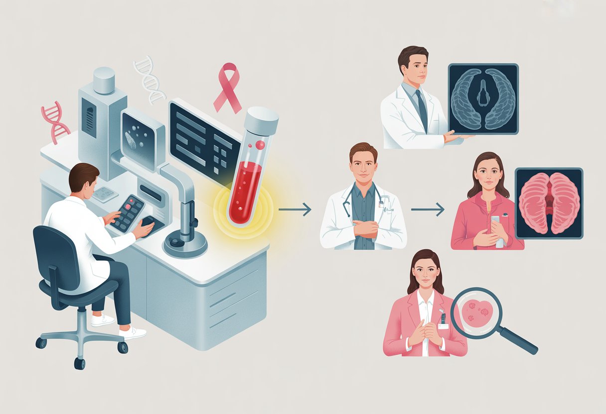 A side-by-side comparison showing a scientist analyzing a blood sample in a lab for early cancer detection and a doctor performing traditional cancer screening methods like mammogram and colonoscopy.