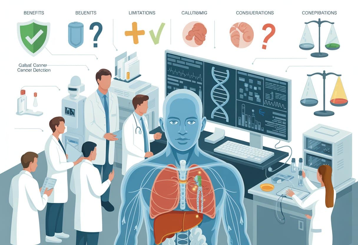 Medical professionals examining advanced diagnostic equipment with a transparent human body highlighting organs and symbols representing benefits, limitations, and considerations of early cancer detection.