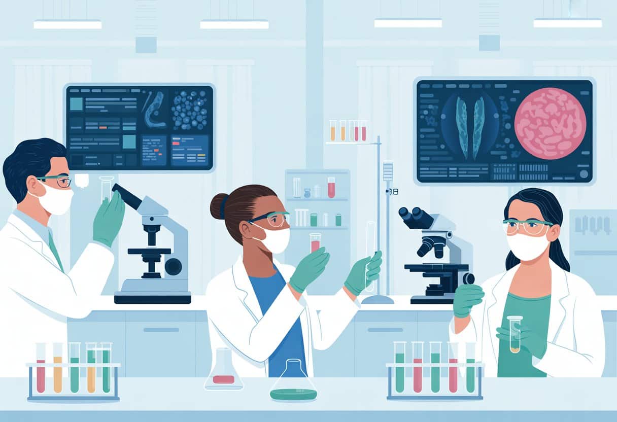 A laboratory scene showing medical professionals working with test samples and diagnostic equipment for early cancer detection.