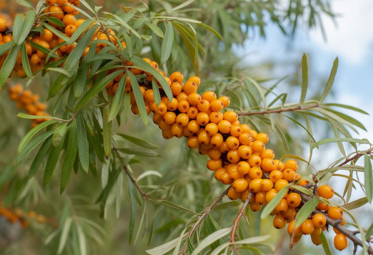 Clusters of bright orange sea buckthorn berries on green leafy branches.