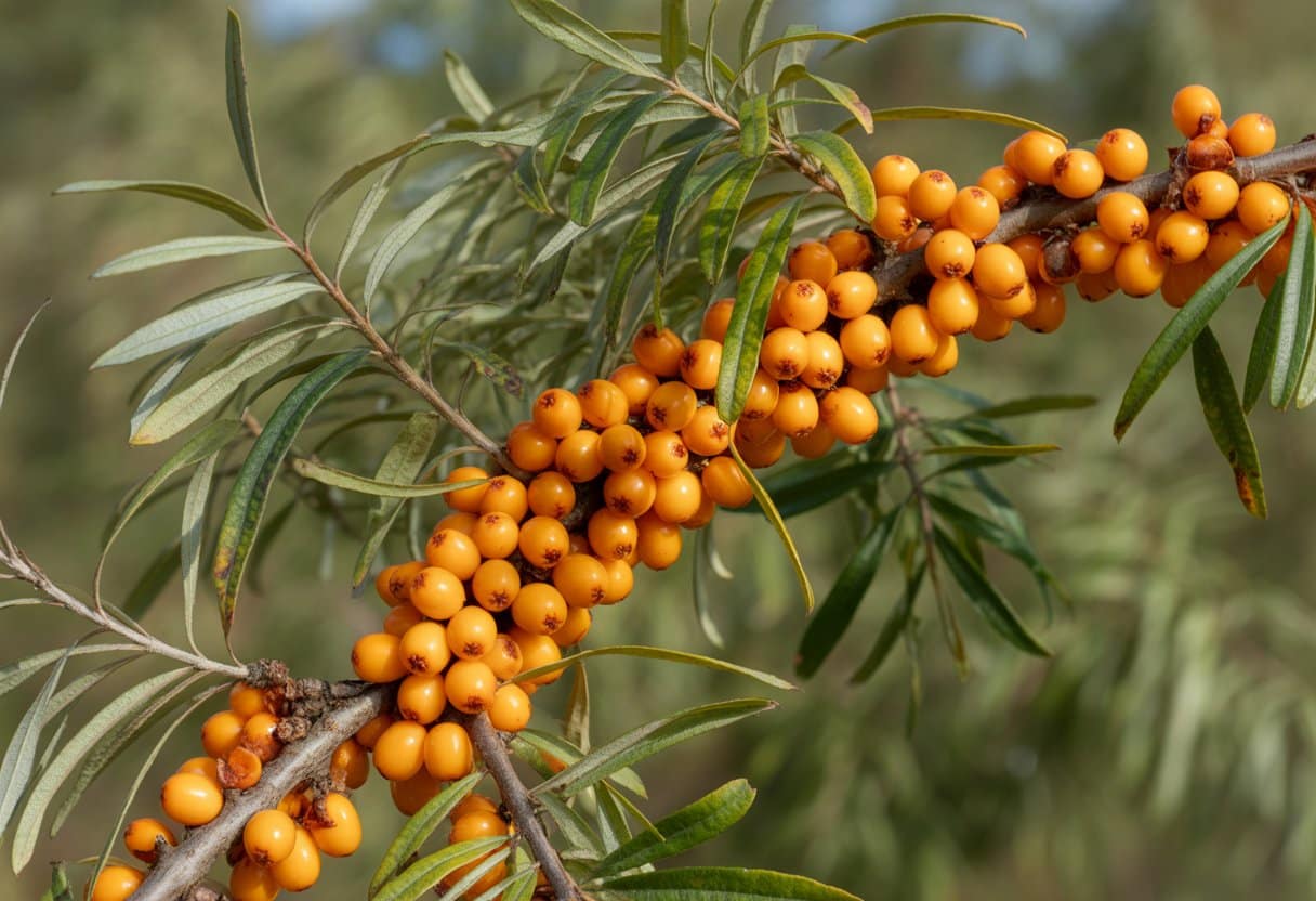 Close-up of bright orange sea buckthorn berries on green leafy branches outdoors.