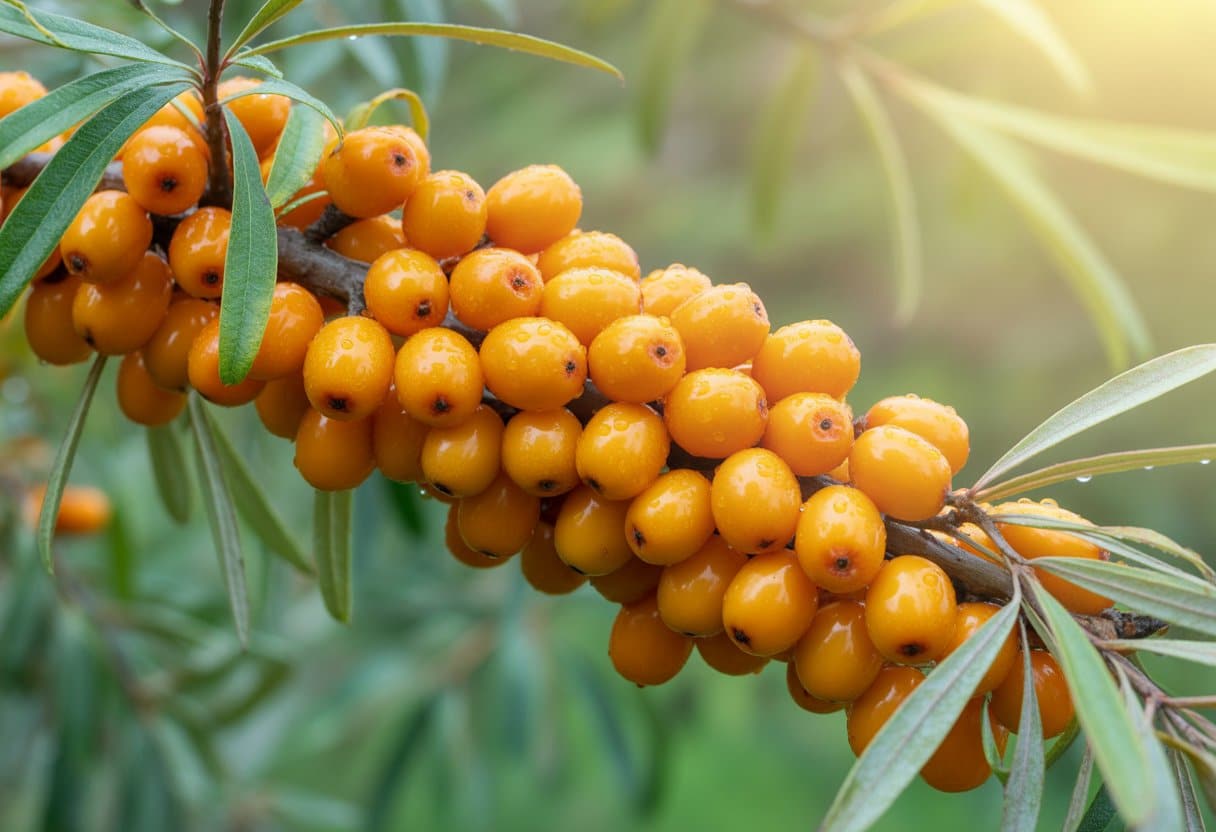 Close-up of bright orange sea buckthorn berries on green branches with leaves and morning dew.