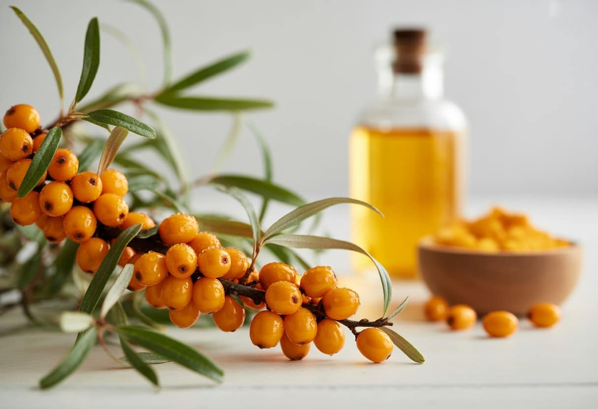 Close-up of bright orange sea buckthorn berries on green branches with a glass bottle of oil and a bowl of capsules in the background.