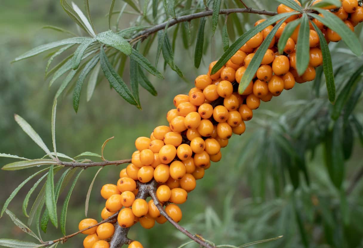 Close-up of bright orange sea buckthorn berries on green branches with a blurred natural background.
