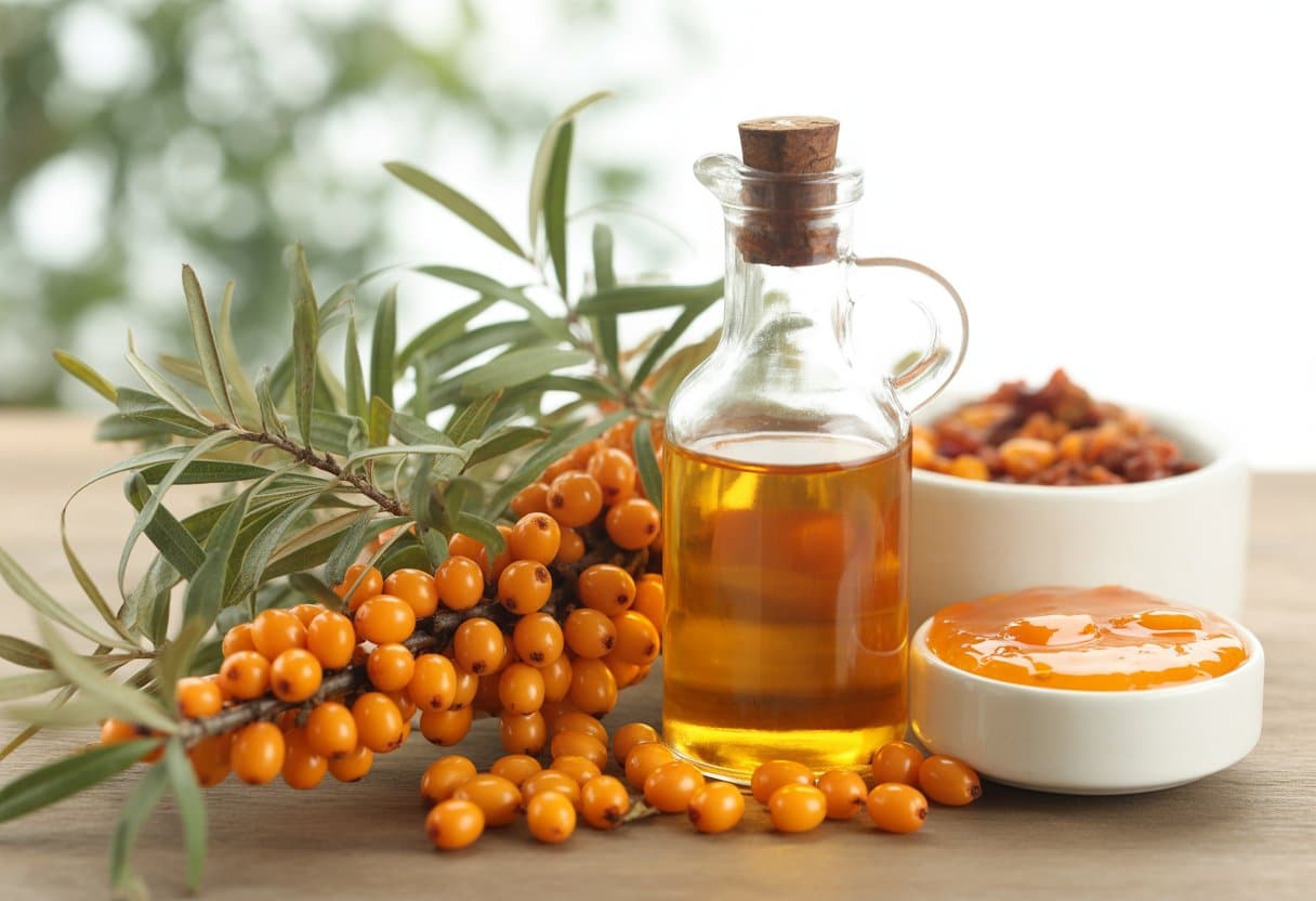 Fresh sea buckthorn berries on branches, a bottle of sea buckthorn oil, and bowls of sea buckthorn jam and dried berries arranged on a wooden surface.