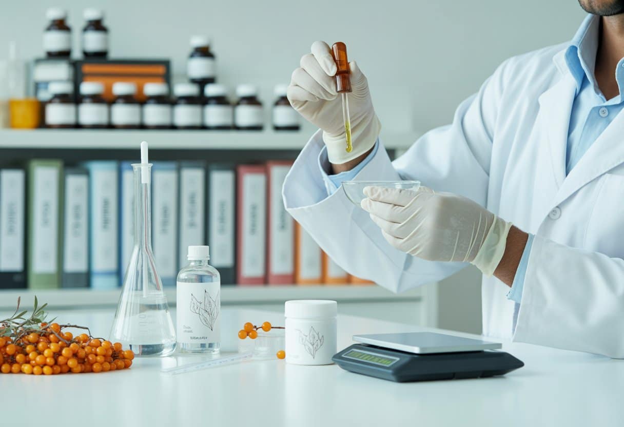 A scientist in a lab coat measuring sea buckthorn oil with a dropper in a laboratory surrounded by bottles and measuring tools.