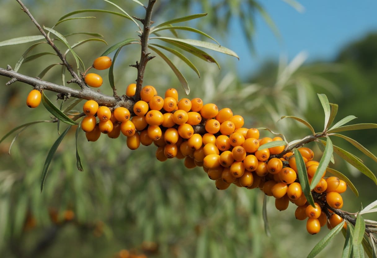 Close-up of bright orange sea buckthorn berries on green branches with a natural blurred background.