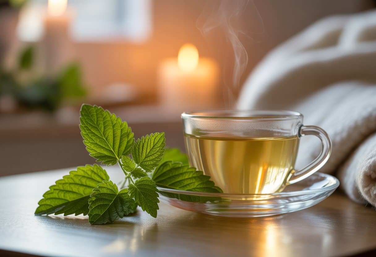 Fresh lemon balm leaves next to a cup of herbal tea on a wooden table with a candle and blanket in the background.