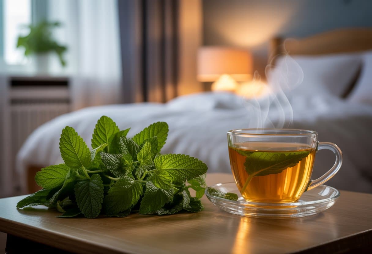 Fresh lemon balm leaves and a cup of lemon balm tea on a wooden table next to a softly lit bedroom with a made bed and a glowing bedside lamp.