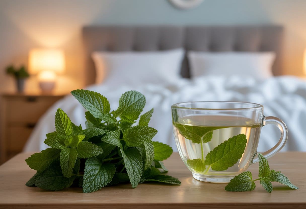 Fresh lemon balm leaves next to a cup of herbal tea with a blurred cozy bedroom in the background.