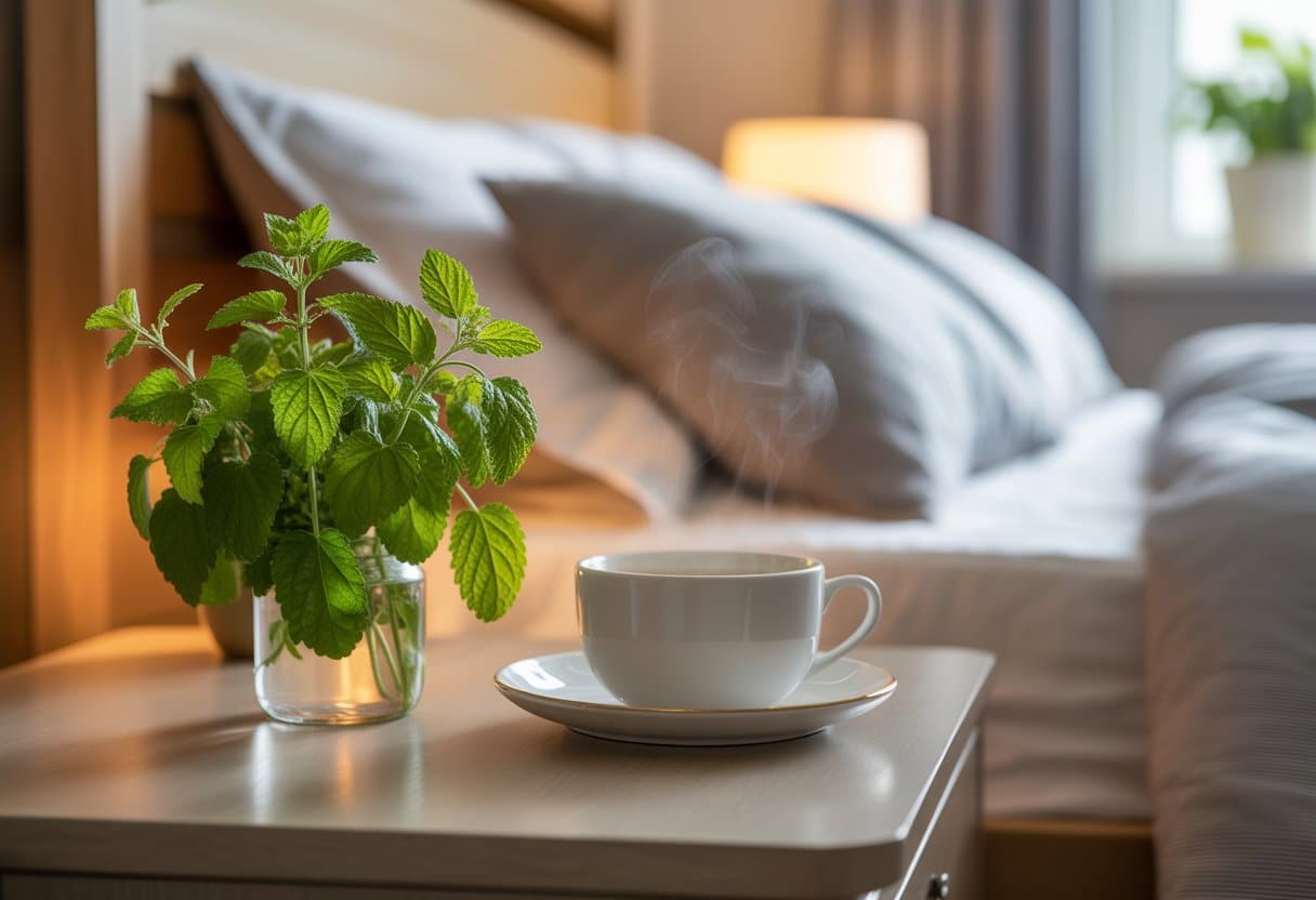 A bedside table with a fresh lemon balm plant in a glass jar and a steaming cup of tea next to a neatly made bed in a softly lit bedroom.