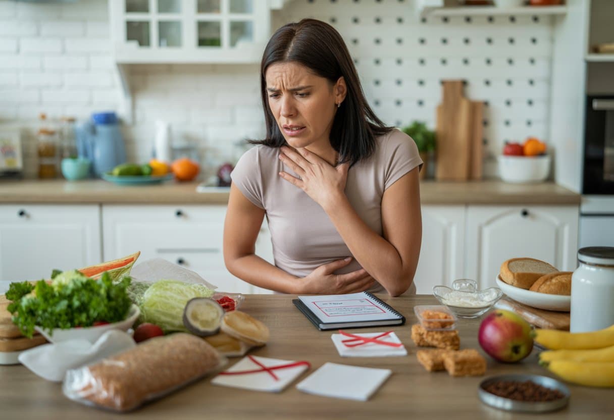 A worried woman sitting at a kitchen table with various foods and a meal plan, holding her stomach.