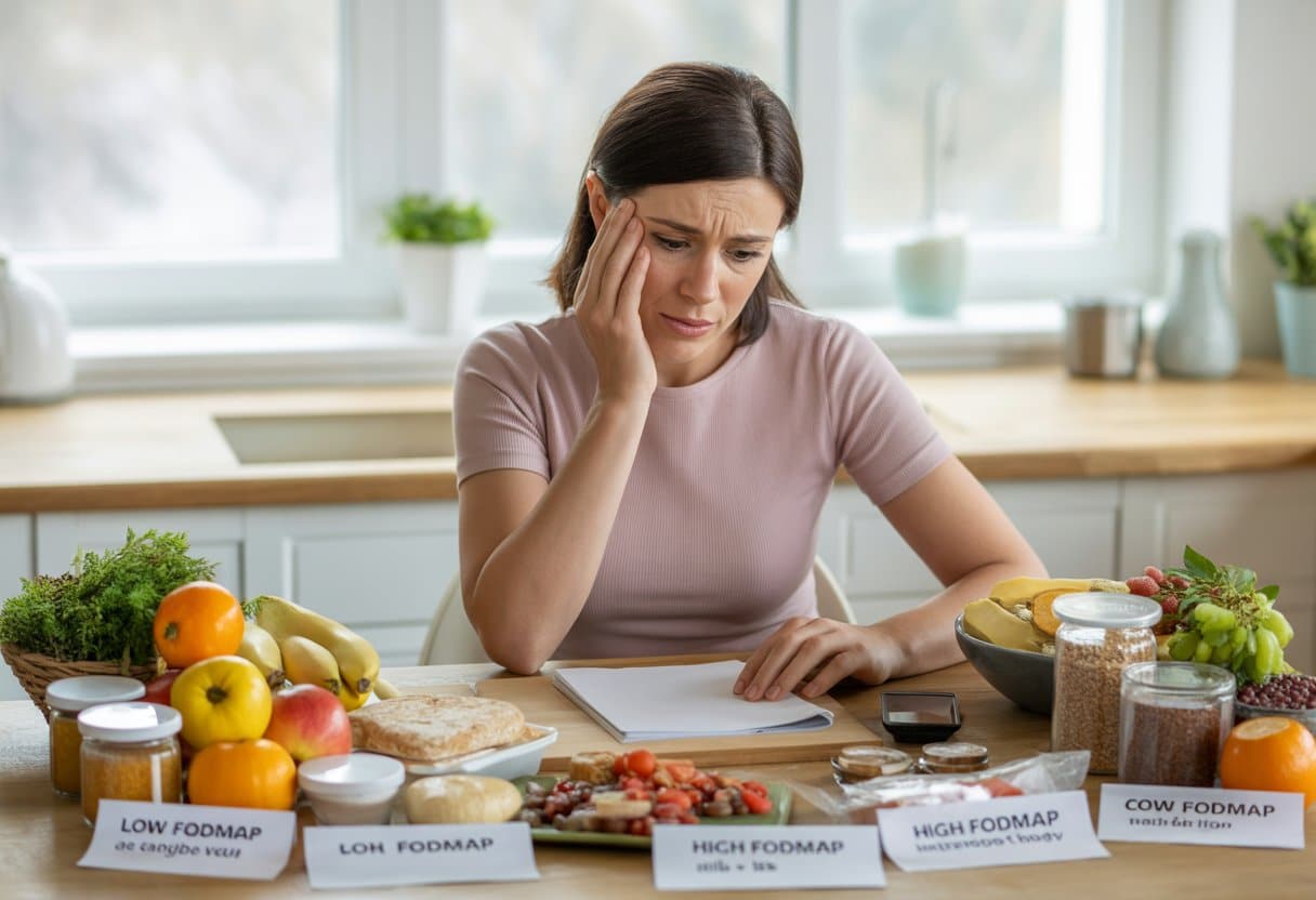 A woman sitting at a kitchen table with various foods, looking thoughtful and concerned while reviewing diet notes.