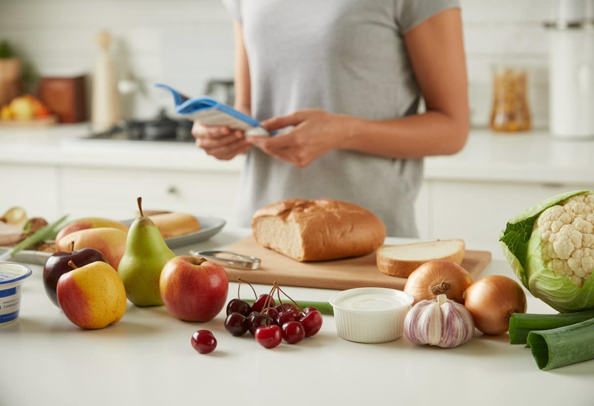 A kitchen countertop with various fruits, vegetables, and packaged foods, and a person examining a food label.