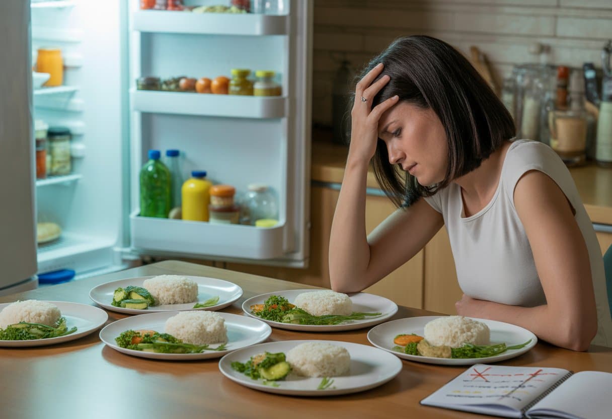 A woman sitting at a dining table with repetitive low FODMAP meals, looking frustrated and overwhelmed.