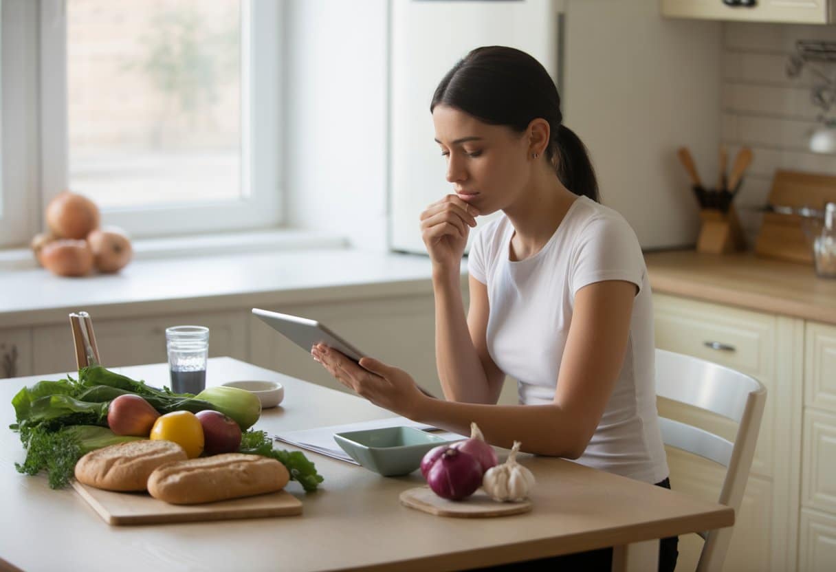 A woman sitting at a kitchen table reviewing a meal plan with low FODMAP foods and some high FODMAP foods nearby.