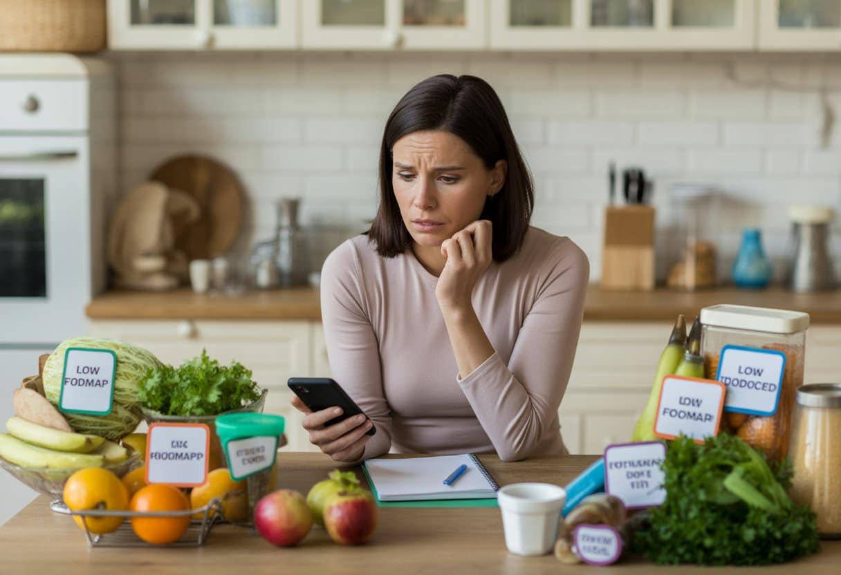 A woman sitting at a kitchen table looking confused and frustrated while surrounded by low FODMAP foods and holding a smartphone.